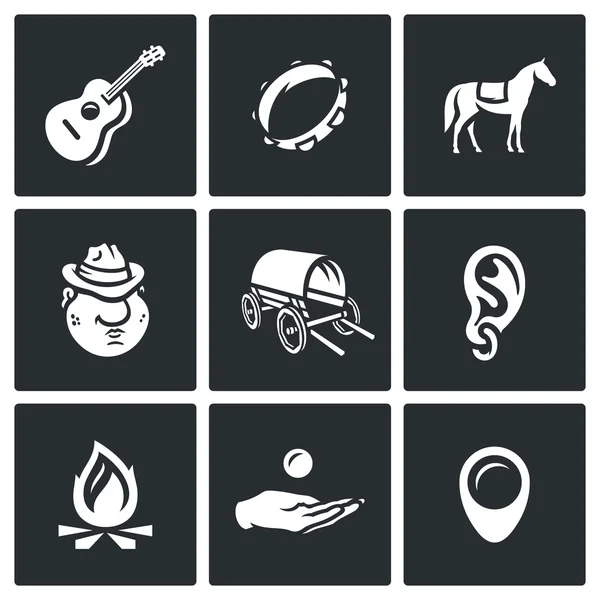 Vector Set of Gypsy Camp Icons. Guitar, Tambourine, Horse, Romany, Dray, Ring Ear, Bonfire, Beggar, Nomad. — Stock Vector