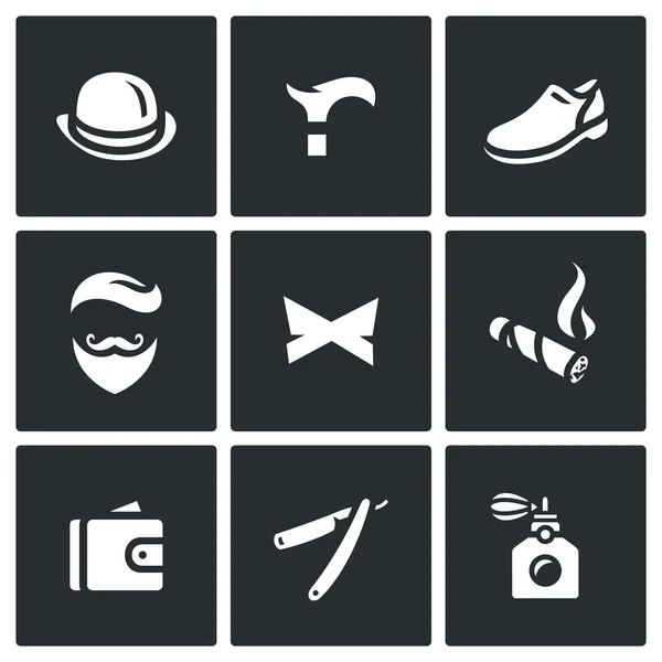 Vector Set of Gentleman Icons. Bowler, Cane, Shoes, Ethnicity, Butterfly, Cigar, Purse, Razor, Perfume. — Stock Vector