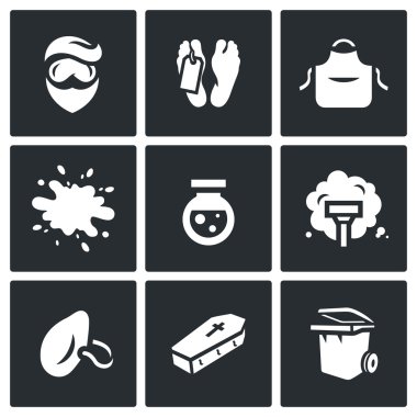 Vector Set of Cleaning after the murder Icons. Man, Morgue, Uniform, Blood, Reagent, Vacuum Cleaner, Dust Mask, Coffin, Trash can. clipart