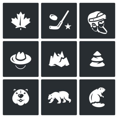 Vector Set of Canada Icons. Maple Leaf, Hockey, Helmet, Scout, Mountain, Forest, Beaver, Polar Bear. clipart