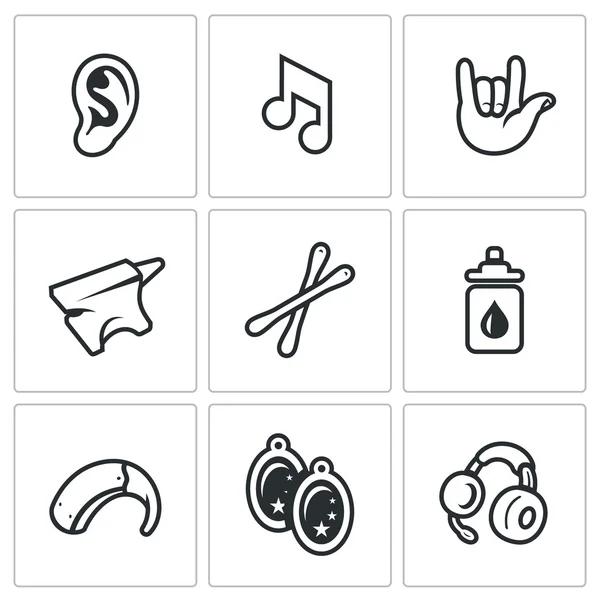 Conjunto de ícones de surdez vetorial. Orelha, som, linguagem gestual, bigorna, cotonete, ácido bórico, aparelho auditivo, brinco, fone de ouvido . — Vetor de Stock