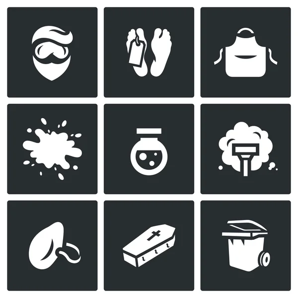 Vector Set of Cleaning after the murder Icons. Man, Morgue, Uniform, Blood, Reagent, Vacuum Cleaner, Dust Mask, Coffin, Trash can. — Stock Vector