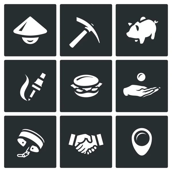 Vector Set of Cheap Labor Icons. Worker, Tool, Economy, Production, Food, Payment, Slavery, Agreement, Location. — Stock Vector