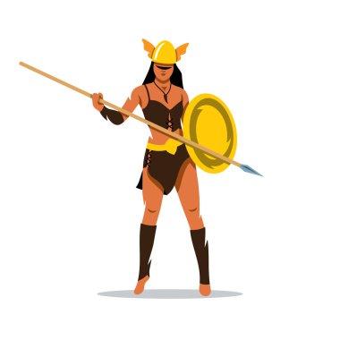 Bir mızrak çizgi film illüstrasyon vektör Amazon kızla.