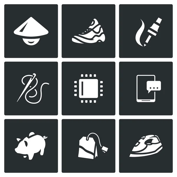 Conjunto de Vectores de Iconos de Trabajo Barato. Zapatos, Electrónica, Industria de la ropa, tecnología informática, smartphone, ahorro, té, electrodomésticos . Ilustración De Stock