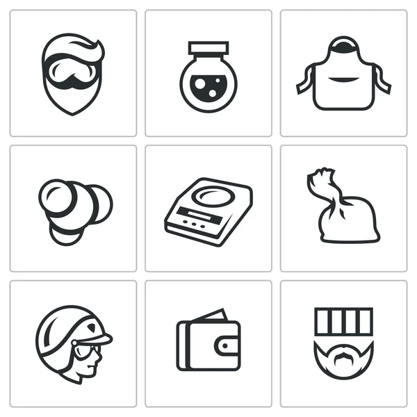 Vector Set of Drug Dealer Labs Icons. Laboratory, methamphetamine, manufacture, synthesis, dosage, dose, police, selling, sentence. — Stock Vector