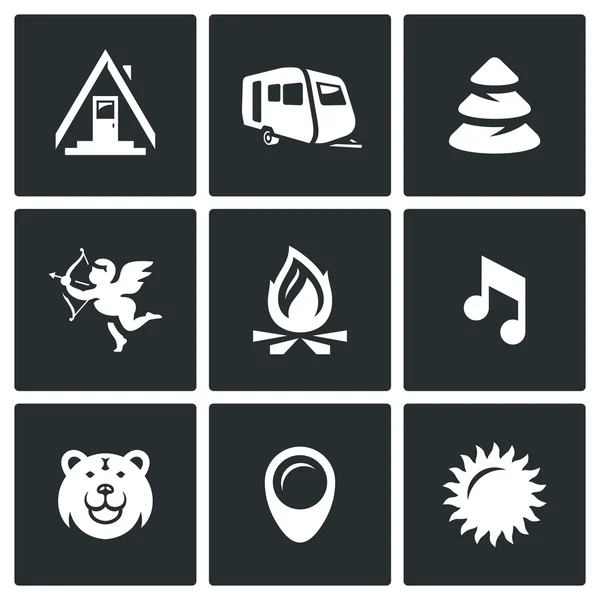 Vector Set of Camping Icons. Camp, Trailer, Forest, Romance, Fire, Music, Animal, Site, Weather. — Stock Vector