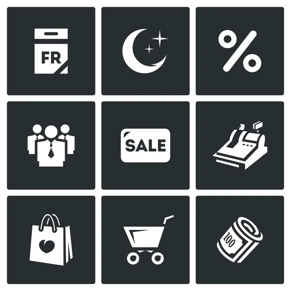 Vektor-Set von Black-Friday-Symbolen. Kalender, Nacht, Rabatt, Menschen, Verkauf, Bargeld, Einkaufstasche, Kauf, Geld. — Stockvektor