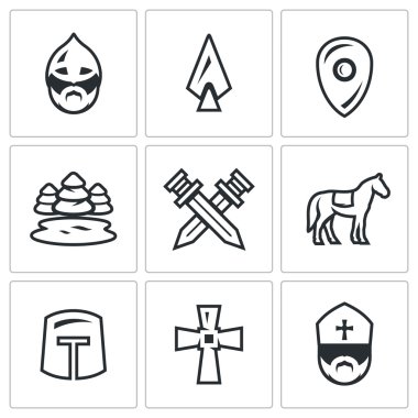Vektör buz savaşı simgeler kümesi. Savaşçı, mızrak, kalkan, göl, orman, kılıç, Knight, Haçlı, Cross, rahip geçti.