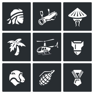 Vietnam savaşı simgeler vektör kümesi. Asker, bombaatar, Vietnamca, orman, helikopter, bomba, maymun, el bombası, sipariş.