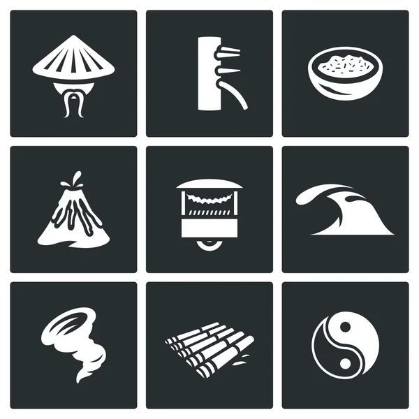 Vector Set of Vietnam Icons. Vietnamese, Wing Chun Kung Fu, Food, Nature, Trade, Ocean, Hurricane, Raft, Yin Yan. — Stock Vector