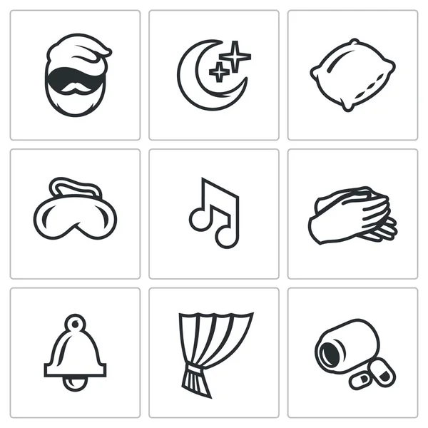 Vector set slaap-en rust pictogrammen. Man, nacht, kussen, masker, Lullaby, Palm, klok, gordijn, slaappillen. — Stockvector