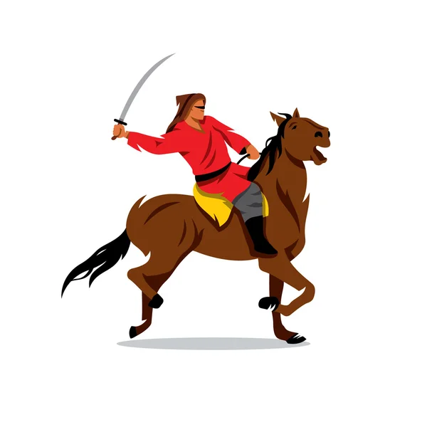 Mongolischer Krieger mit Säbel zu Pferd. Vektor Cartoon Illustration. — Stockvektor