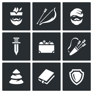 Vector Set of Robin Hood Icons. Archer, Bow and Arrow, Poor Man, Sword, Treasure, Quiver, Forest, Book, Shield. clipart