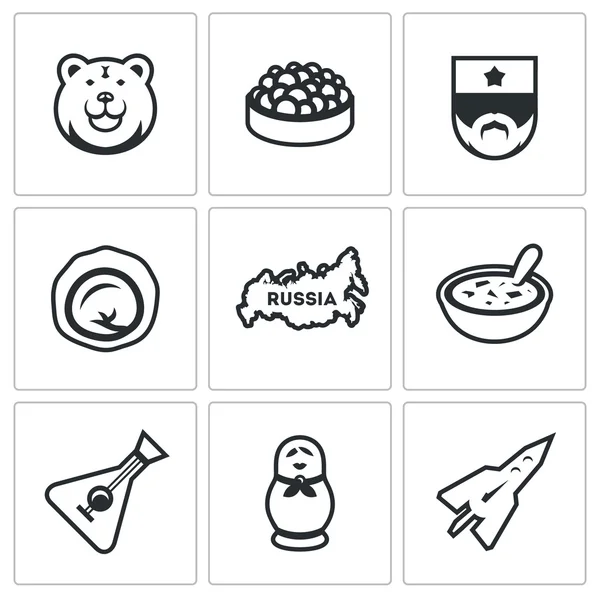 Ensemble vectoriel d'icônes de Russie. Ours, Caviar, Soldat, Dumpling, Territoire, Cuisine, Balalaika . — Image vectorielle