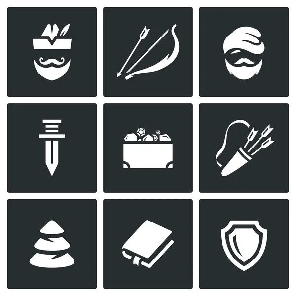 Vector Set van Robin Hood iconen. Archer, boog en pijl, arme Man, zwaard, schat, trillen, bos, boek, schild. — Stockvector