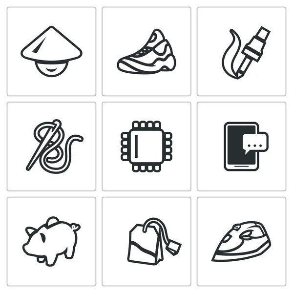 Conjunto de Vectores de Iconos de Trabajo Barato. Zapatos, Electrónica, Industria de la ropa, tecnología informática, smartphone, ahorro, té, electrodomésticos . — Vector de stock