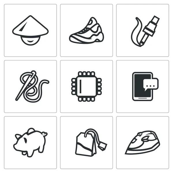 Conjunto de Vectores de Iconos de Trabajo Barato. Zapatos, Electrónica, Industria de la ropa, tecnología informática, smartphone, ahorro, té, electrodomésticos . Gráficos Vectoriales