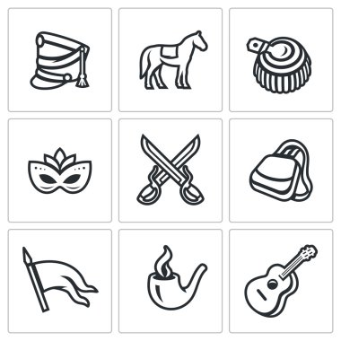 Süvariler simgeler vektör kümesi. Sorguçlu asker şapkası, at, apolet, karnaval, savaş, Sabretache, afiş, tütün, gitar.
