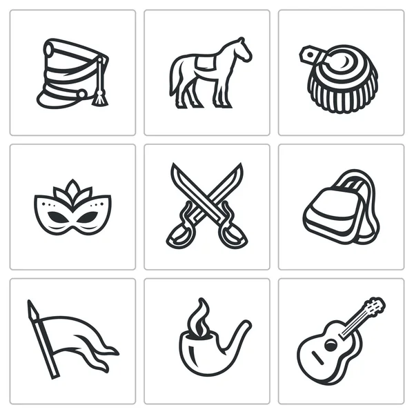 Ensemble vectoriel d'icônes de hussards. Shako, Chevaux, Epaulettes, Carnaval, Bataille, Sabretache, Bannière, Tabac, Guitare . — Image vectorielle