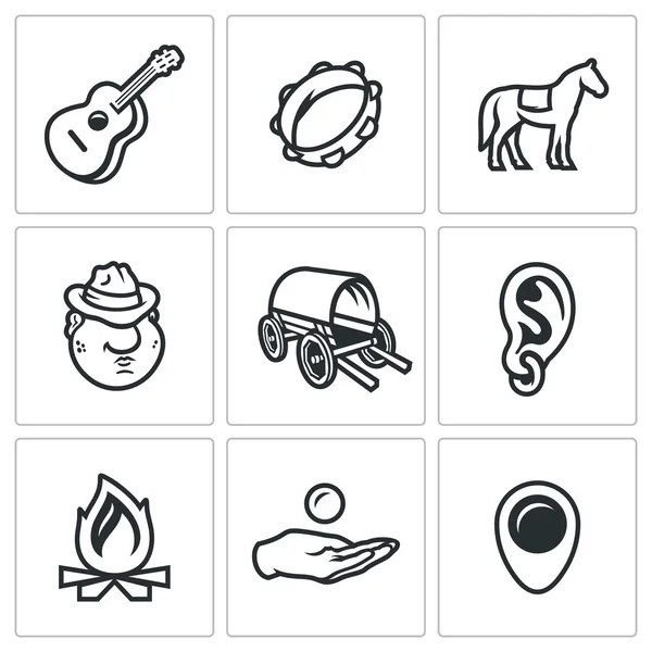 Conjunto vectorial de iconos del campamento gitano. Guitarra, Pandereta, Caballo, Románica, Dray, Anillo Oído, Hoguera, Mendigo, Nómada . — Archivo Imágenes Vectoriales