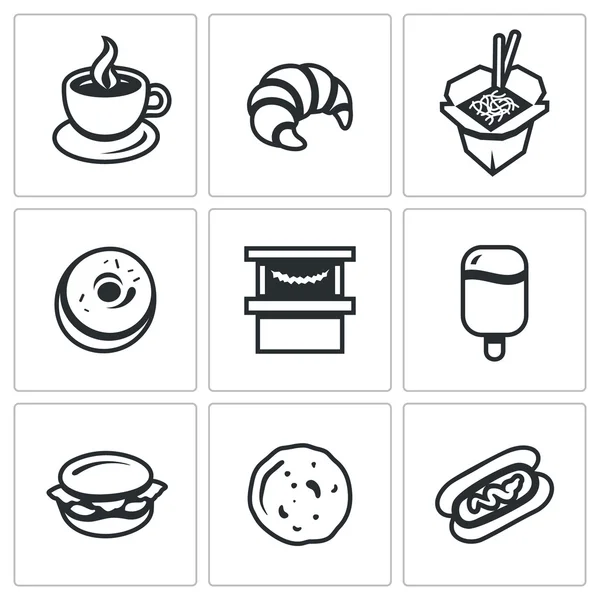 Conjunto vectorial de iconos de comida rápida callejera. Café, Croissant, Fideos chinos, Donut, Tienda, Helados, Hamburguesas, Panqueque, Hotdog . — Archivo Imágenes Vectoriales