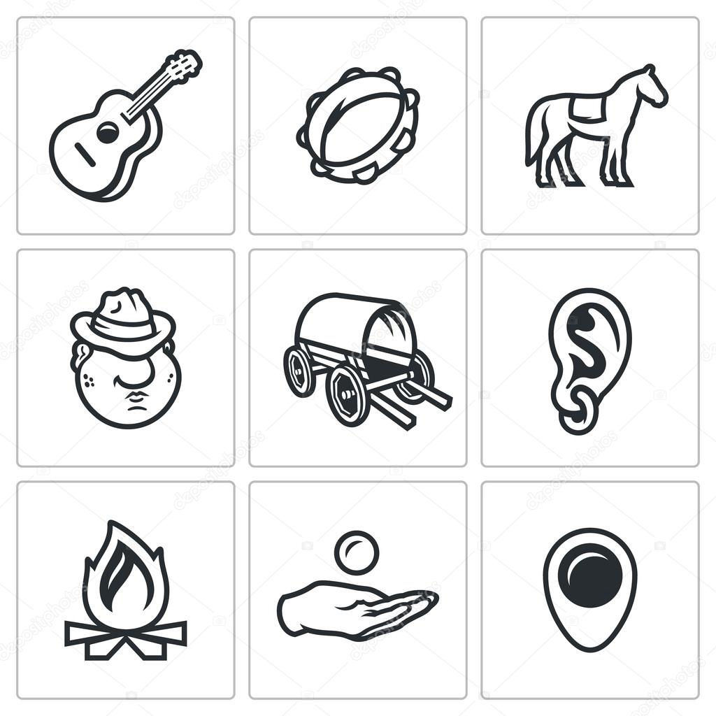 Vector Set of Gypsy Camp Icons. Guitar, Tambourine, Horse, Romany, Dray ...