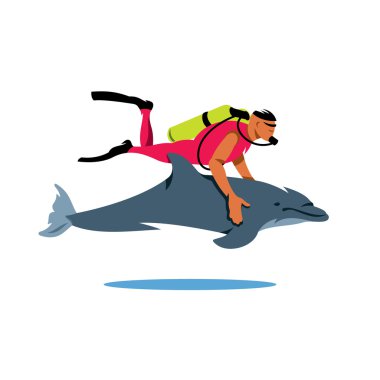 Dalgıç ve yunus çizgi film illüstrasyon vektör.