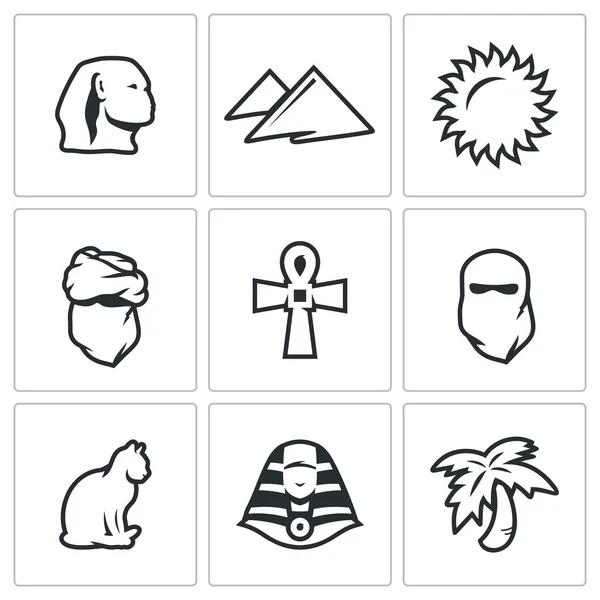 Векторный набор египетских икон. Сфинкс, Дюна, Солнце, Бедуин, Артефакт, Паранья, Кат, Фараон, Офес . — стоковый вектор