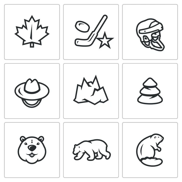 Vector Set of Canada Icons. Maple Leaf, Hockey, Helmet, Scout, Mountain, Forest, Beaver, Polar Bear. — Stock Vector