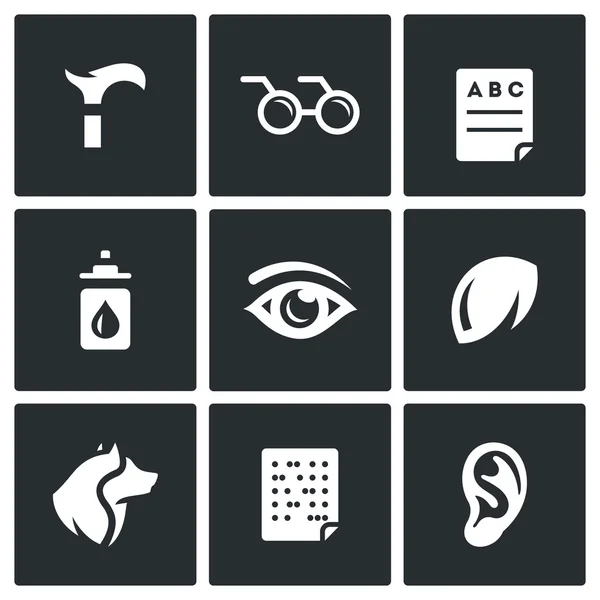 Conjunto vectorial de iconos de discapacidad. Oscuridad, Ciego, Diagnóstico, Prevención, Visión, Ojo, Lente de Contacto, Guía, Braille, Sordera . — Vector de stock