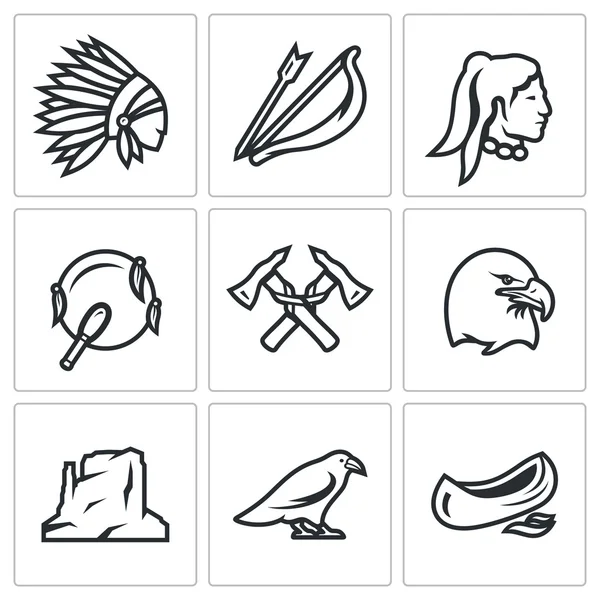 Векторный набор икон апачей. Injun, Bow and arrow, Tambourine, Tomahawk, Laurel, Canyon, Raven, Canoe . — стоковый вектор