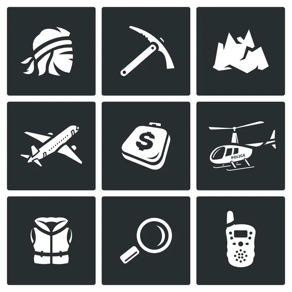 Vector Conjunto de iconos de rescate de montaña. Hombre, Ice Ax, Arriba, Aviones, Equipaje, Helicóptero, Chaleco salvavidas, Lupa, Radio portátil . — Archivo Imágenes Vectoriales