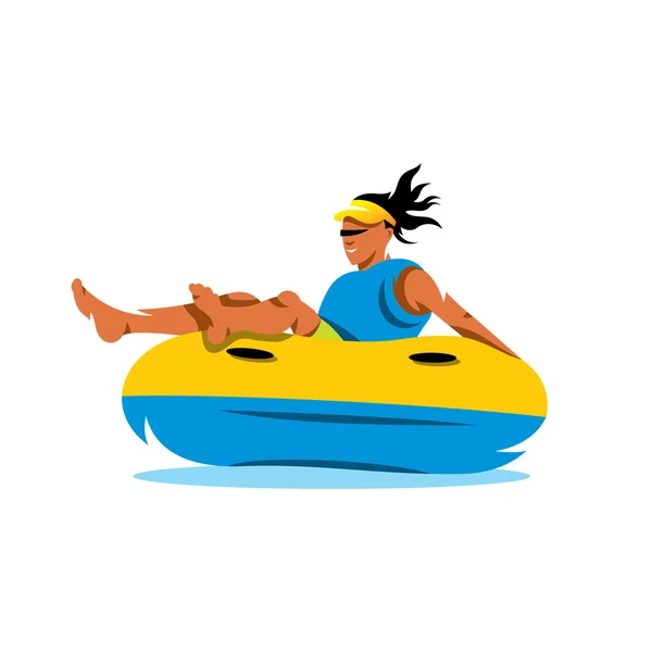 Young girl having lots of fun on rubber ring going down the water slide. Vector Cartoon Illustration. — Stock Vector
