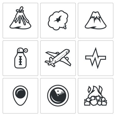 Vector Set of Volcano Icons. Eruption, Smoke, Hill, Temperature, Plane, Seismic, Location, Monitoring, Crater. clipart