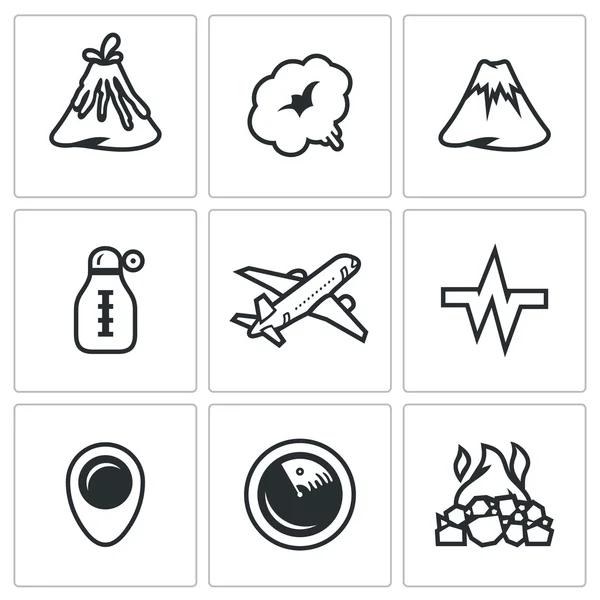 Vector Conjunto de iconos del volcán. Erupción, Humo, Colina, Temperatura, Avión, Sísmico, Ubicación, Monitoreo, Cráter . — Vector de stock