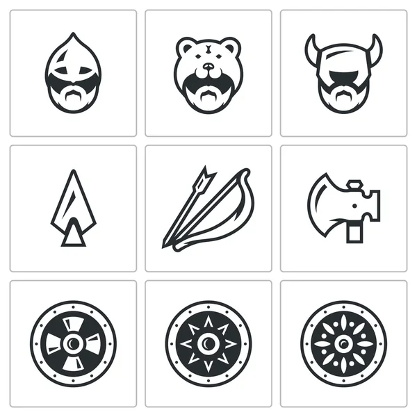 Векторный набор икон оружия викингов. Head, Man, Helmet, Ax, Spear, Bow and Arrow,,, Shield . — стоковый вектор