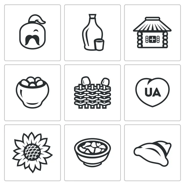 Vector conjunto de iconos de Ucrania. Kazak, Vodka, Pueblo, Patata, Valla de mimbre, Patriota, Girasol, Cocina, Dumplings . — Archivo Imágenes Vectoriales