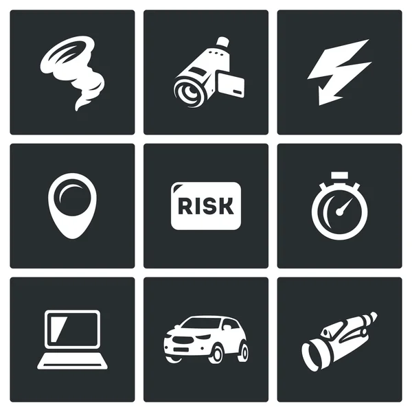 Векторный набор иконок торнадо. Вихрь, Видеокамера, Гроза, Местонахождение, Риск, Скорость, Компьютер, Машина, Бинокль . — стоковый вектор