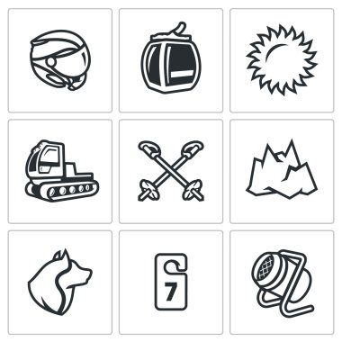 Vektör Ski Resort simgeler kümesi. Kask, füniküler, hava durumu, yamaç, Polonyalılar, dağ, kurtarma köpeği, otel, kar topu haddeleme makine.