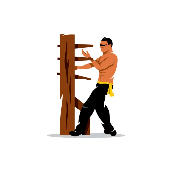 Vector Wing Chun kung fu Homem em um boneco de madeira. Desenhos animados ilustração . — Vetor de Stock