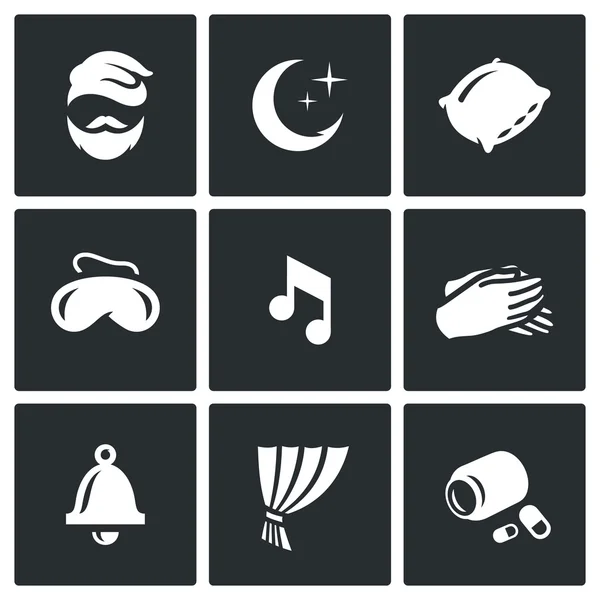 Vector Set van slaap en pictogrammen van de Rest van de nacht. Man, kussen, masker, Lullaby, Palm, klok, gordijn, slaappillen. — Stockvector