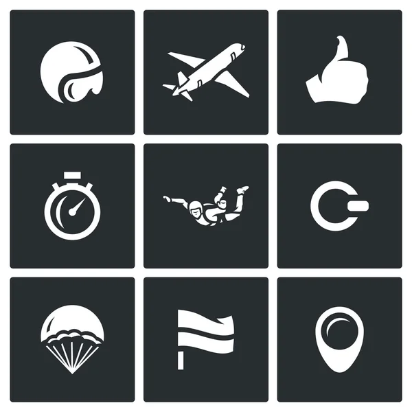 Conjunto vectorial de iconos de paracaidismo. Casco, Avión, Listo, Hora, Paracaidista, Anillo, Paracaídas, Aterrizaje, Dirección del viento . — Vector de stock