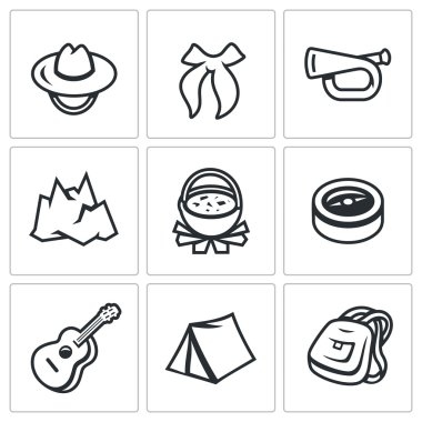 Vector Set of Scouting Icons. Hat, Tie, Whistle, Mountain, Boiler, Compass, Guitar, Tent, Backpack. clipart