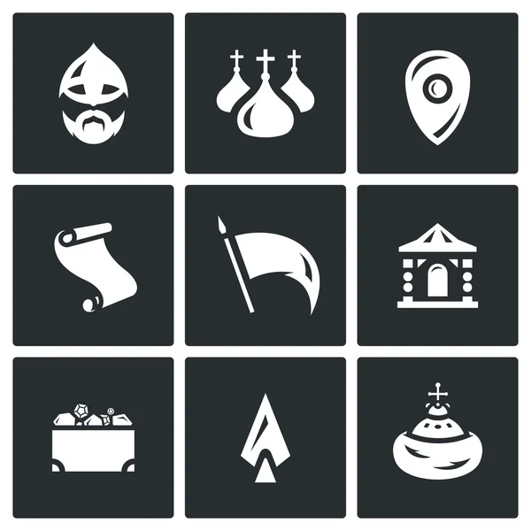 Vector Set of Ancient Russia Icons. Bogatyr, Church, Army, Banner, Palace, Monarch, Paper, Weapon, Wealth. — Stock Vector