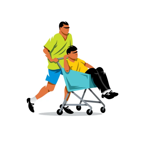 Riding supermarket shopping cart. Vector Cartoon Illustration. — Stock Vector
