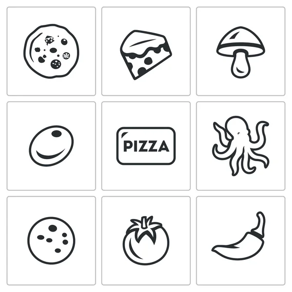 Vektor meghatározott feltétek Pizza ikonok. Sajt, gomba, olíva, tenger gyümölcsei, sonka, zöldség, fűszer. — Stock Vector