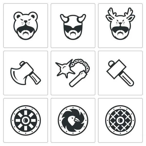 Векторный набор икон оружия викингов. Голова, Человек, Шлем, Бык, Булава, Озил, Шелд . — стоковый вектор