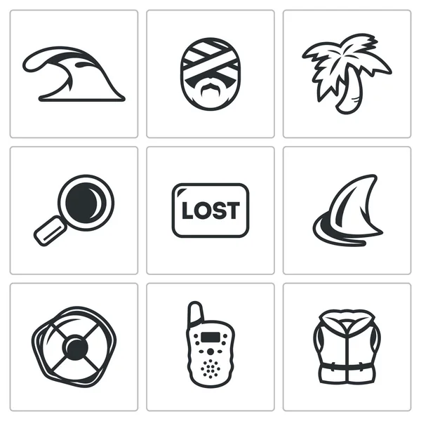 Vector Set van iconen van de hulpdiensten. Tsunami, slachtoffer, Island, op zoek, verlies, Oceaan, reddingsboei, draagbare Radio, zwemvest. — Stockvector