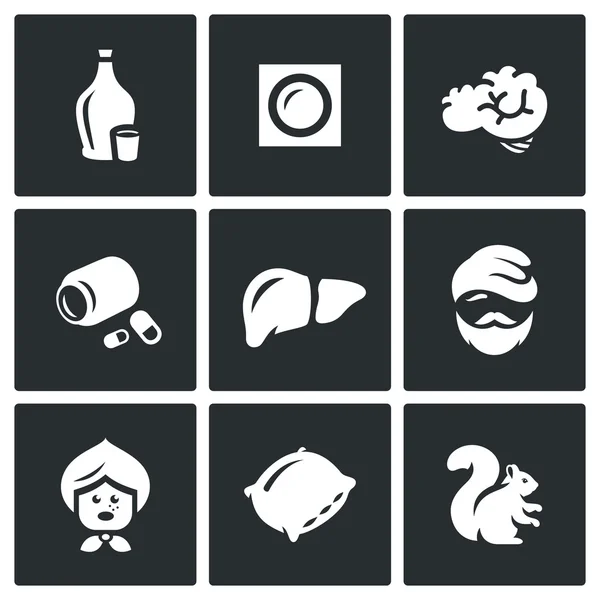 Vector Set of Alcohol Addiction Icons. Hooch, patch, brain, pills, liver, alcoholic, old woman, pillow, squirrel. — Stock Vector